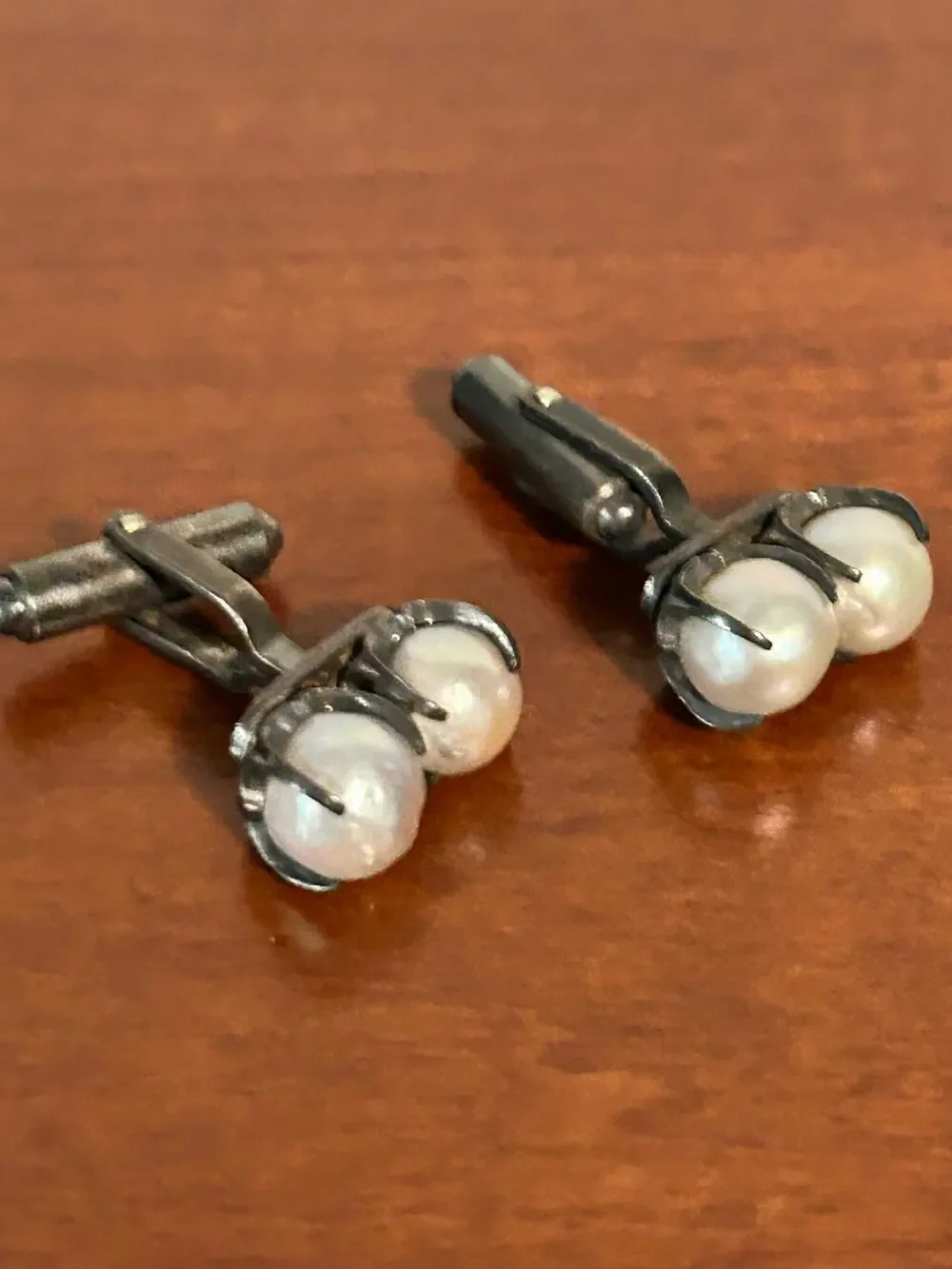 Vintage 925 Sterling Silver Natural Baroque Pearl Cufflinks Men's Formalwear